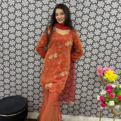 Rust embroidered sharara coord set