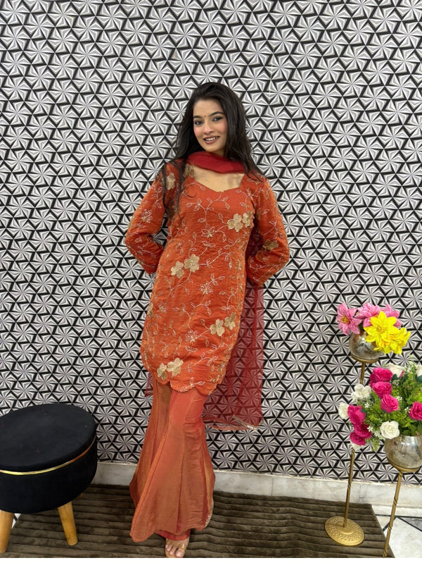 Rust embroidered sharara coord set