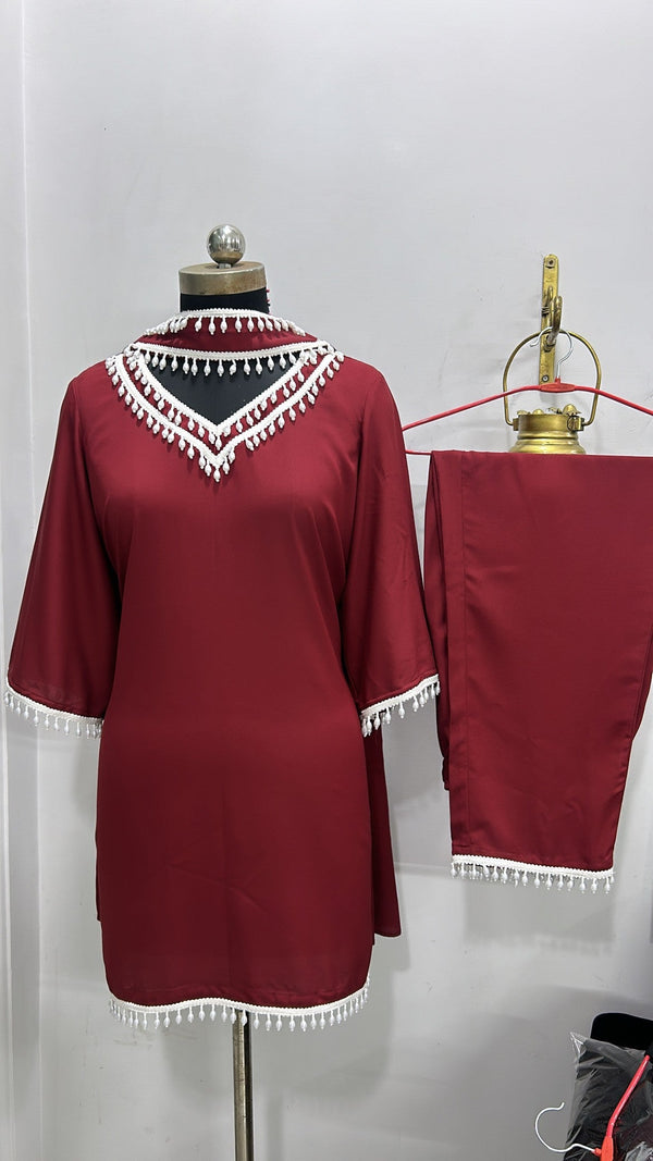 Maroon Pearl Coord Set With Drapped Duppata