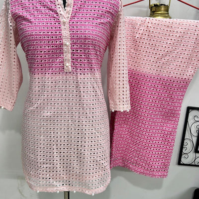 Pink Crochet Coord Set With Pearl Work
