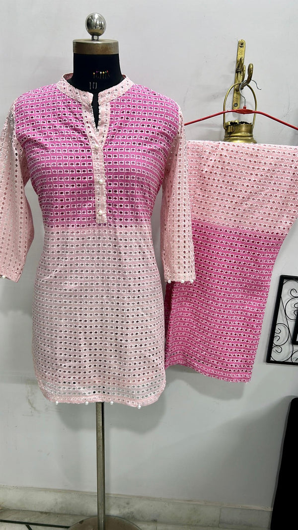 Pink Crochet Coord Set With Pearl Work