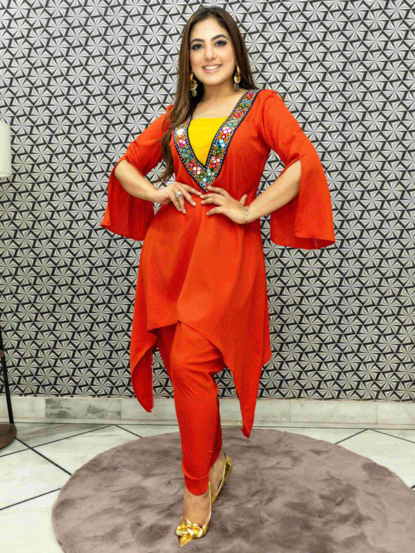 Orange Coord Set With Real Mirror Work