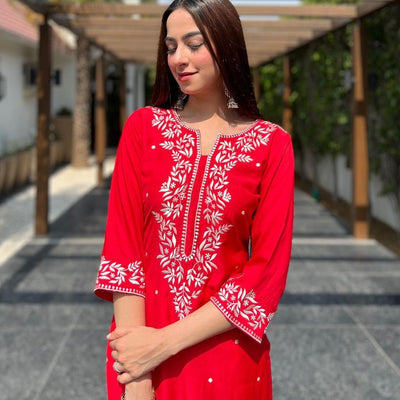 Red Thread Embroidery Kurti Set