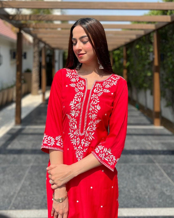 Red Thread Embroidery Kurti Set