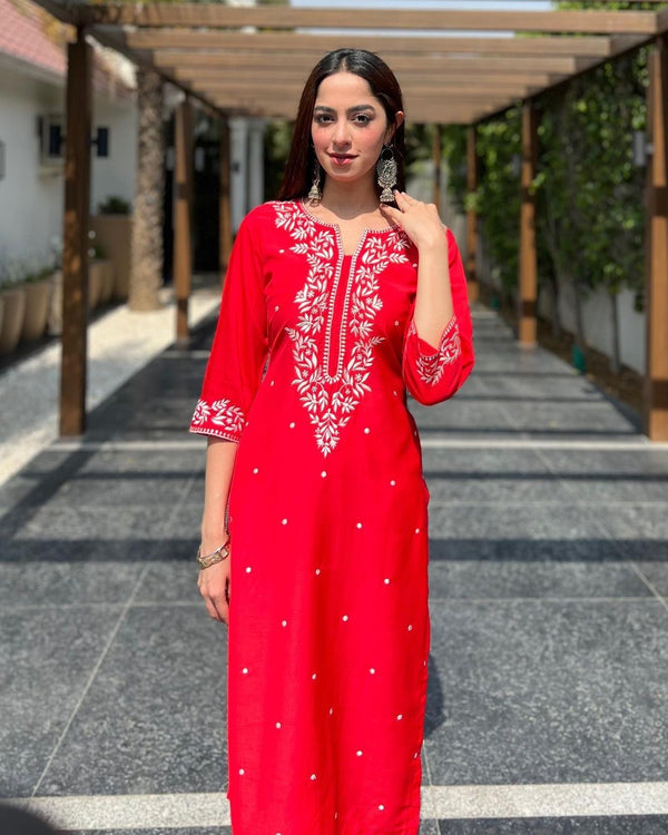 Red Lucknavi Kurti Set