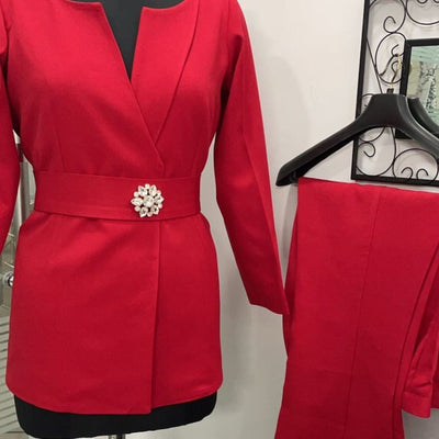 Red Blazer Coord Set With Detachable Belt