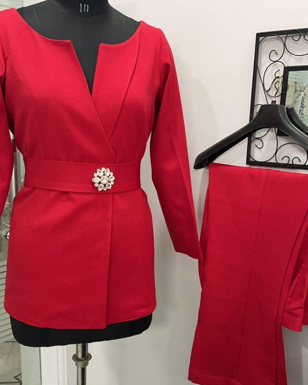 Red Blazer Coord Set With Detachable Belt