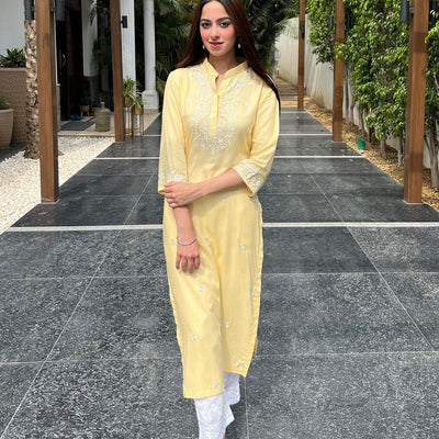 Lemon Thread Embroidery Kurti Set