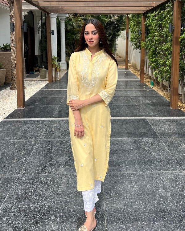 Lemon Thread Embroidery Kurti Set