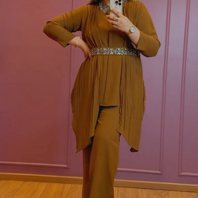 Mustard Drapped Coord Set With Detachable Belt