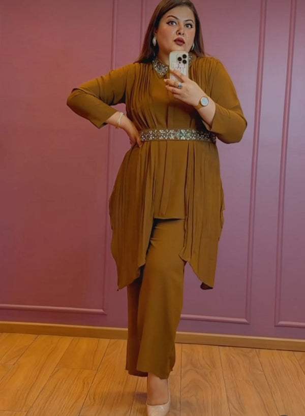 Mustard Drapped Coord Set With Detachable Belt